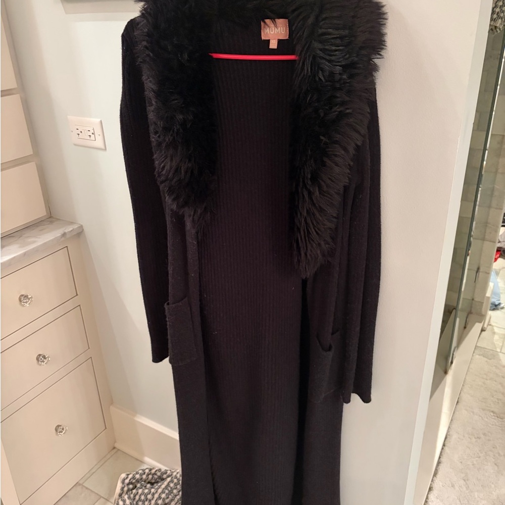 Show Me Your MuMu Black Long Cardigan with Faux Fur Collar